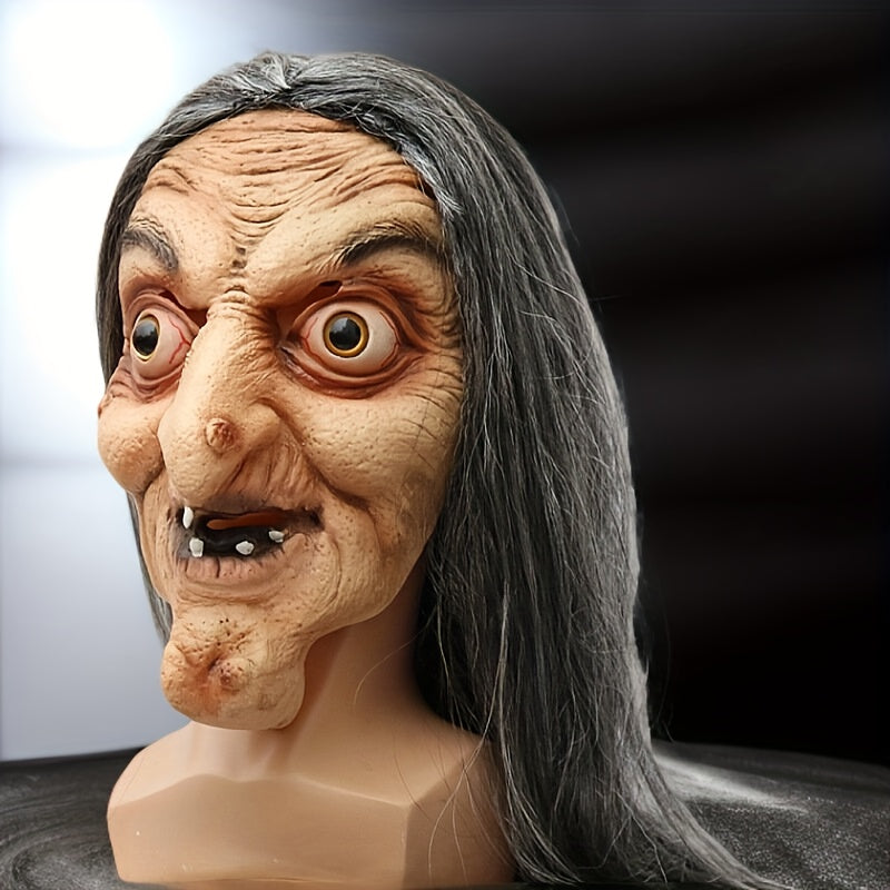Realistic Witch Latex Mask - Scary Full Face Halloween Costume Accessory with Long Gray Hair & Wrinkled Features for Parties, Performances, and Role-Playing, Themed Party Mask | Scary Character Visage | Latex Full Mask