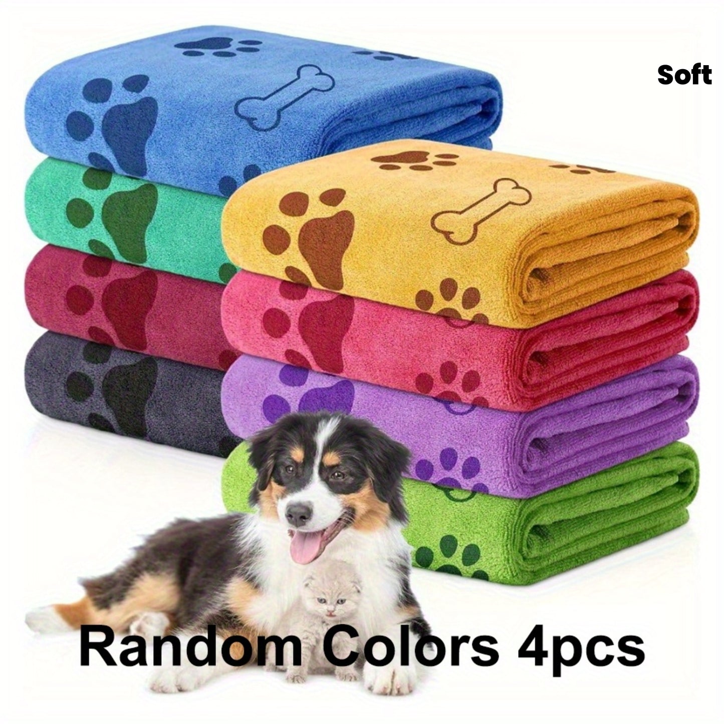 4 PCS Set Quick-Dry Pet Towels for Medium Dogs - Soft, Absorbent with Fun Paw Print Design, Ideal for Bathing, Grooming Towels | Playful Design | Durable Fabric