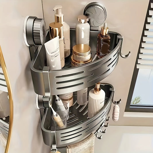 Space-Saving Suction Cup Bathroom Shelf - No Drilling Required, Strong Triangular Rack with Hooks, Suitable for Shower And Toilet Walls/Tiles, Multifunctional Storage Organizer