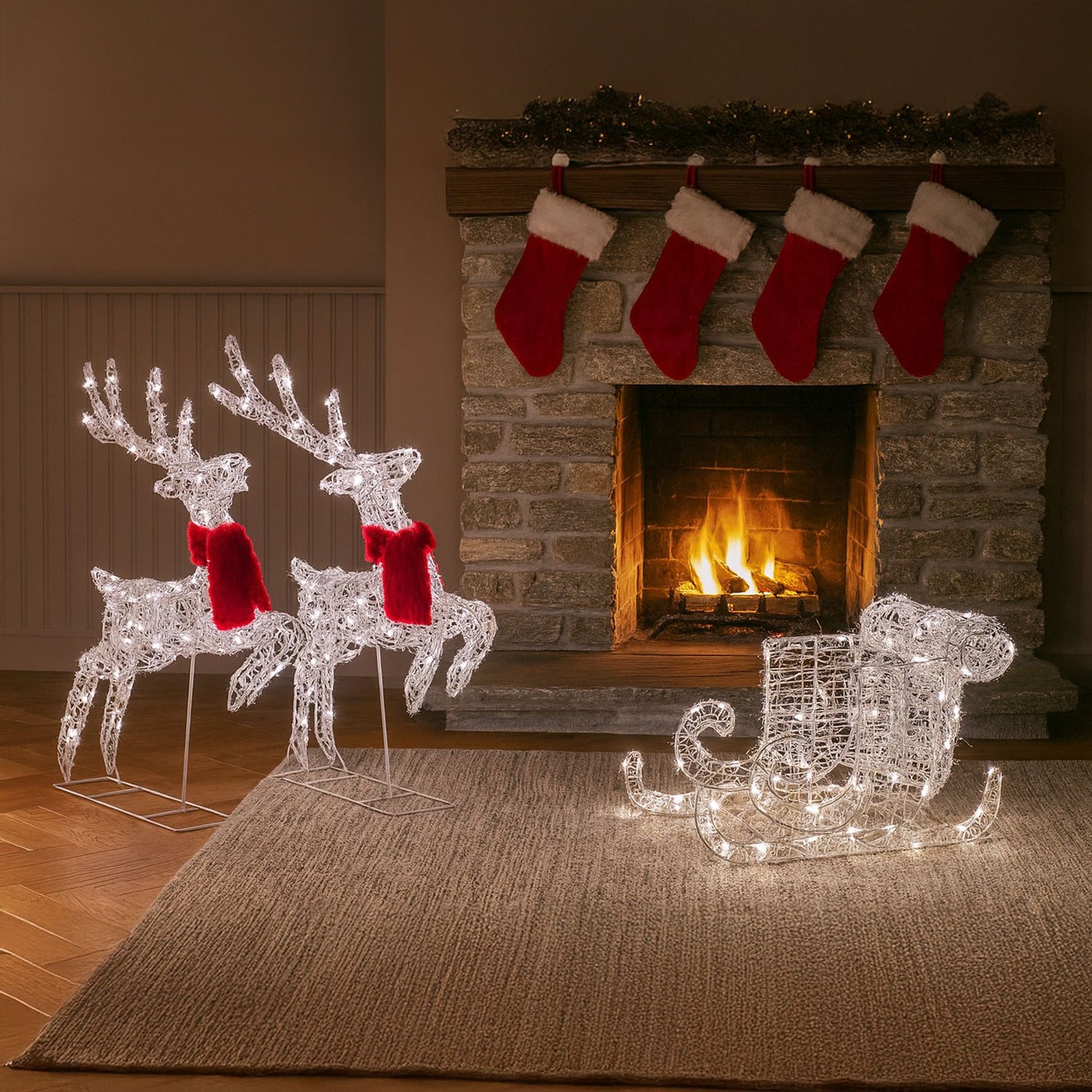 Neo 240 LED Christmas Sleigh Reindeer Outdoor Decoration Warm Bright White Mixed Light Effects Timer 65cm Reindeers Weatherproof Frame 6 Ground Hooks Included