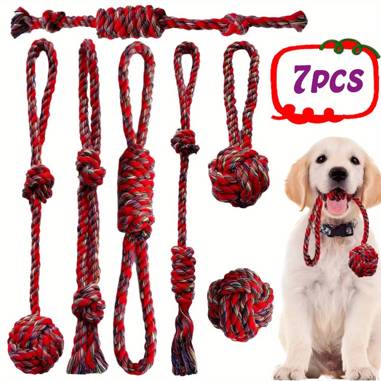 7 PCS Set of Red Dog Chew Rope Knot Toys, Durable Training Interactive Dog Rope Toys, Suitable for Various Sizes of Dogs for Play and Interaction. Multifunctional Teeth Grinding Rope, Indoor and Outdoor Training and Teeth Cle
