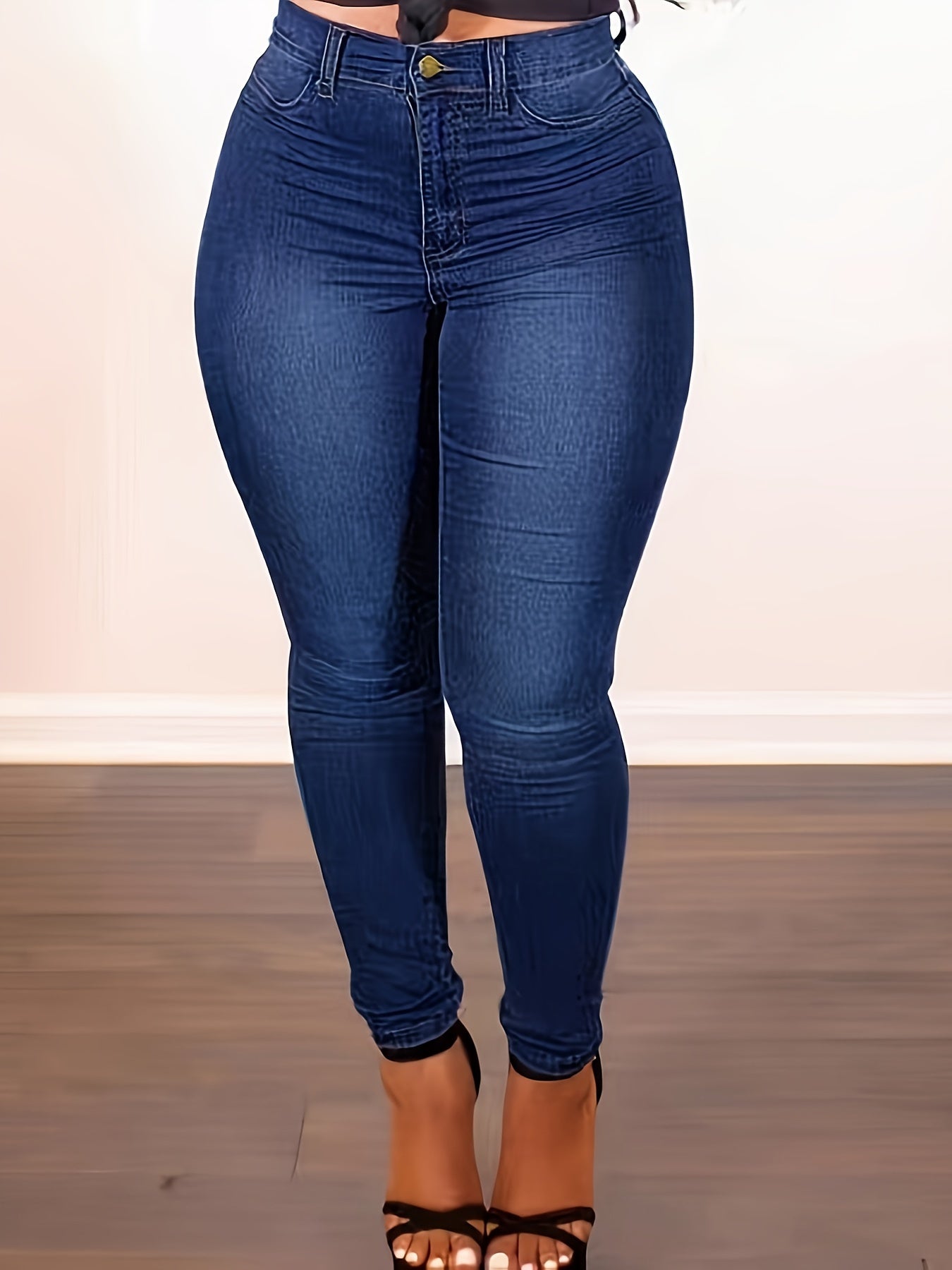 For Big Girls XL-4XL Plus Size Curvy Women's Blue Stretch Denim Long Blue Jean Pants, High-Waist Washed Stretch Jeans with Slant Pockets and Solid Buttons Female Streetwear Casual Clothing Supplies