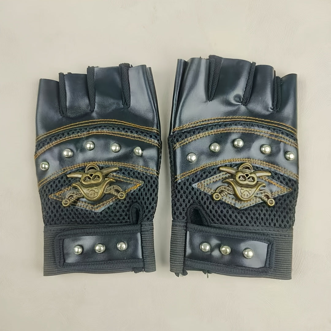 Gothic Scull Skeleton Outdoor Sports Gloves, Skull Half-Finger Gloves, Pirate Gloves,  Rivet Women Men's Sports Gloves