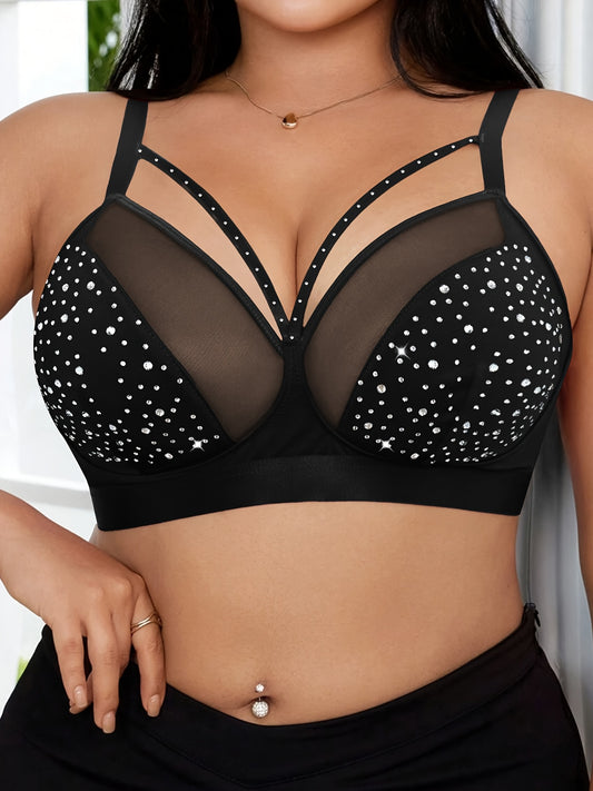 XL-4XL Plus Size For Curvy Ladies' Black Color Fashionable Lingerie with Cross Straps, Sheer Mesh Panels, Embellished with Rhinestones, Comfortable And Breathable, Bra Big Women Underwear Supplies