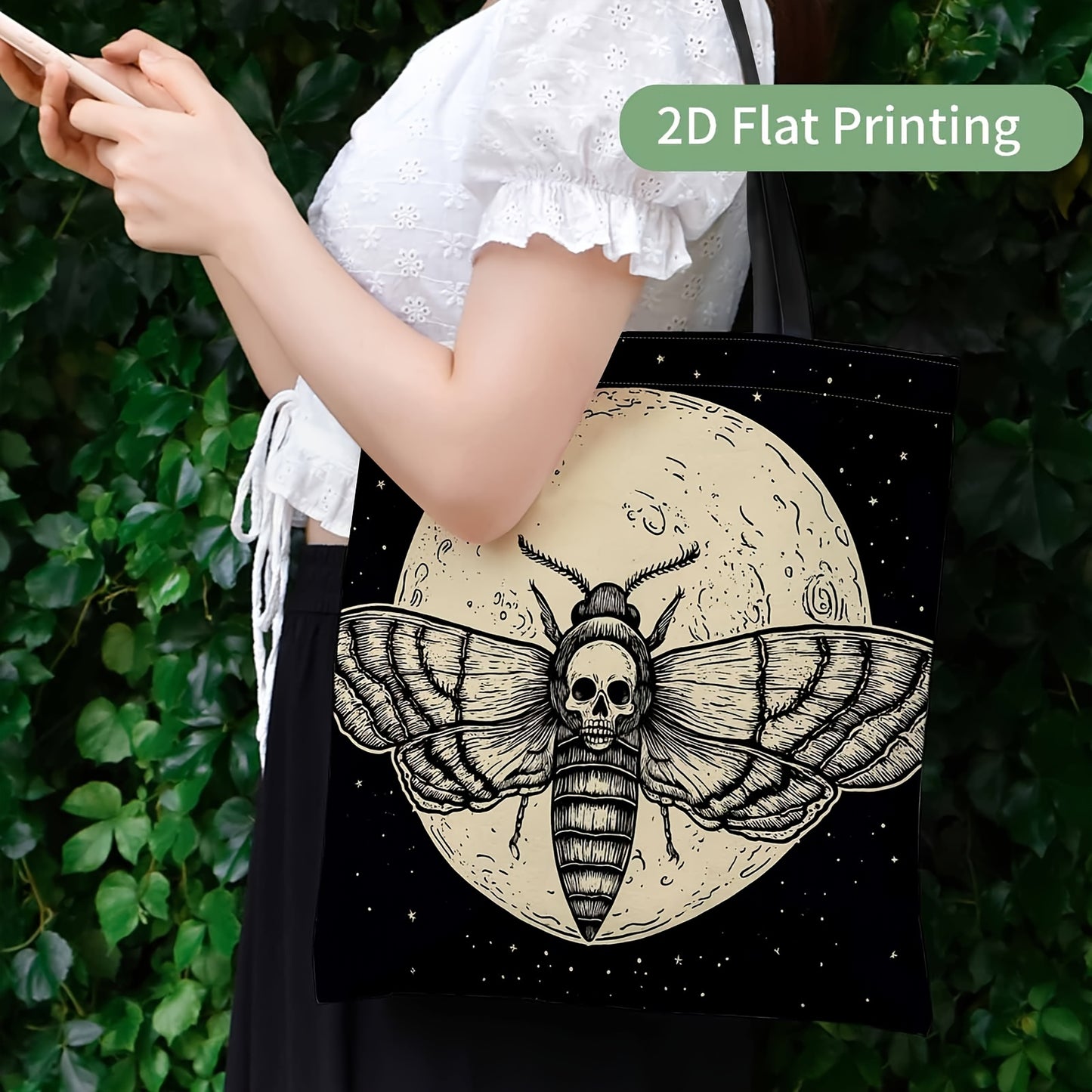 Gothic Moth & Skull Women's Tote Bag - Reusable Machine-Washable Lightweight Handbag with Moth Skull Moon Print, Casual Multifunctional Purse for Daily Use, Parties, Shopping