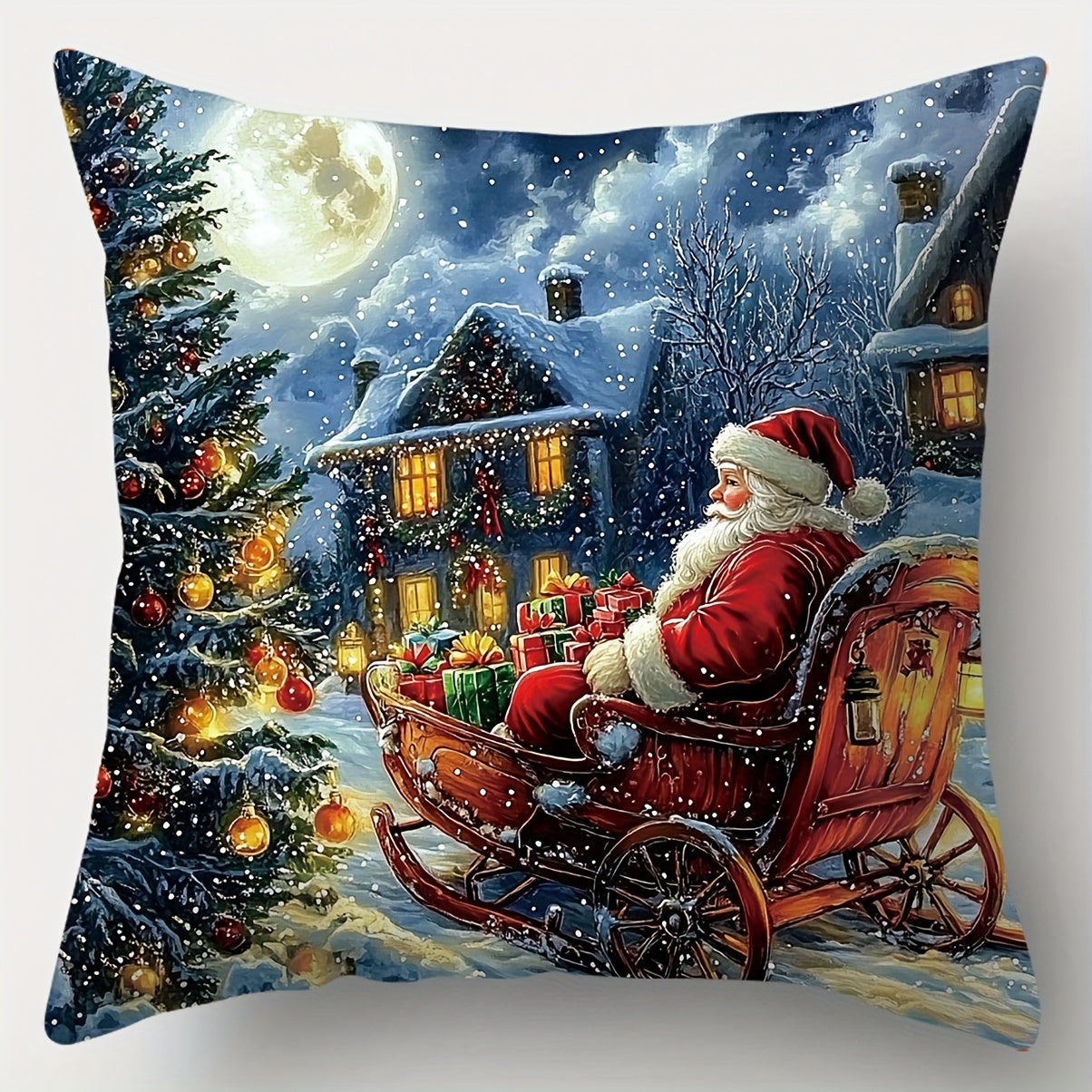 4-Piece Christmas Throw Pillow Covers Set, Contemporary Style, Hand Wash Only, Zipper Closure, Woven Polyester, Santa Claus, Christmas Tree, Sled, Reindeer Printed Cushions for Living Room Decor, 45.01cm