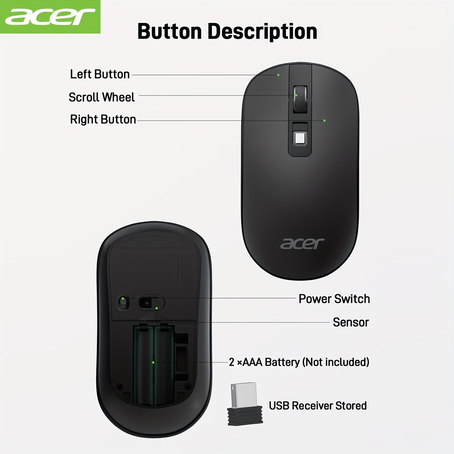 Original ACER Computer Mouse Wireless, 2.4G Slim USB Wireless Mice with USB Receiver, Laptop Mouse with 4 Buttons, Portable for Laptop, Desktop, PC, Wireless Mouse for Laptop, Ergonomic Mouse, Computer Mouse Wireless USB, Wir