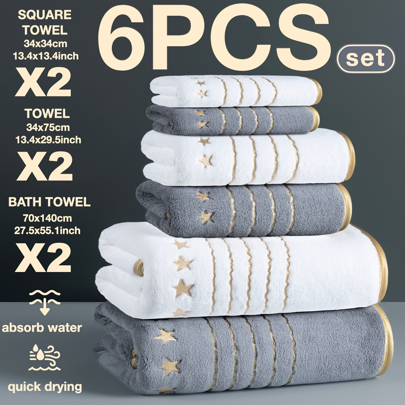 4/6-PCS Set Ultra-Soft Golden Thread Light Luxury Five-Star Embroidered Towel Bath Towel Set, 2 Bath Towels 69.85 X 139.95 cm, 2 Hand Towels 34.04 X 74.93 cm, 2 Washcloths 34.04 X 34.04 cm, Perfect for Home, Hotel, and Spa Us