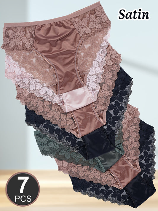 7PCS Set UK Size Women's Floral Lace Satin Briefs - Semi-Sheer, Mid-Rise Patchwork Underwear with Contrast Lace Trim, Solid Color, Sexy & Stylish for Casual Attire, Cute Underwear, Satin Texture