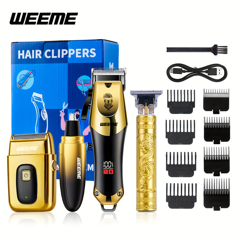 4pcs Men's Golden Electric Hairdresser Set, Household Beard Building Kit. Electric Hair Clipper + Electric Shaver + Electric Nose Hair Trimmer + Fine Trimmer. Used for Home, Car and Travel. Gifts for Fathers, Husbands, Sons,