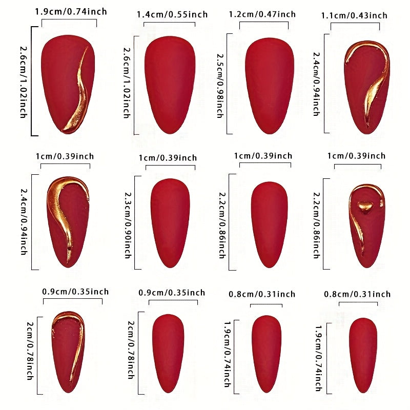 24 PCS Set Red Matte Almond Press-on Nails with Golden Accents & 3D Heart Detail | Perfect for Valentine's Day & Party Looks, Easy to Apply &, ABS Material
