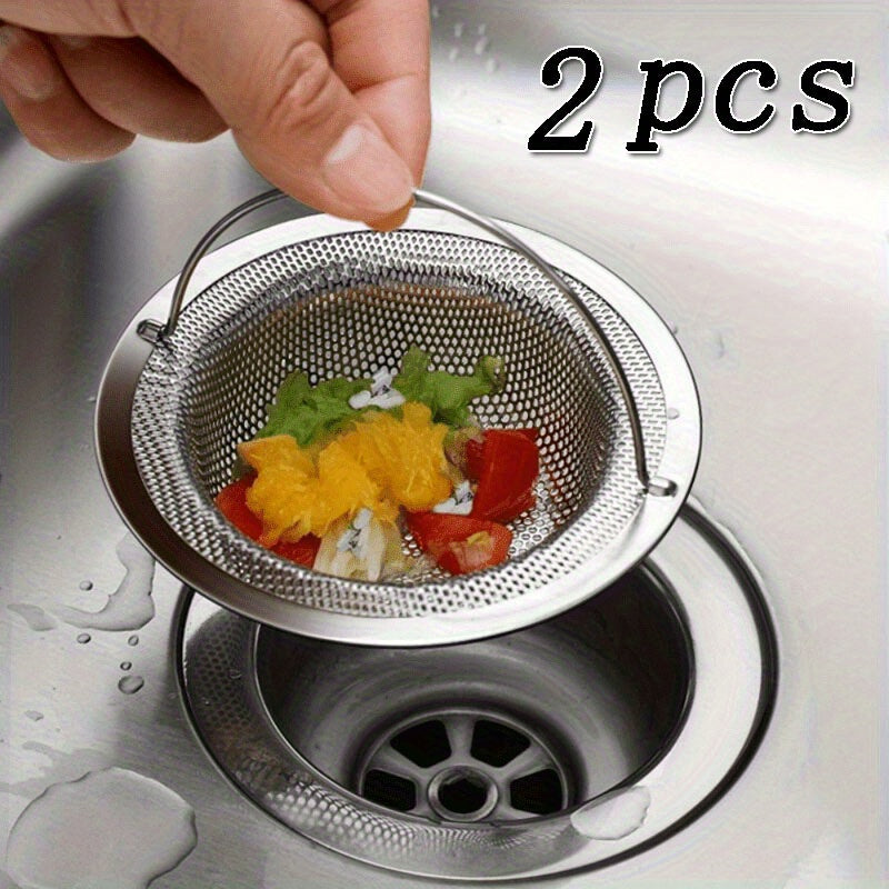 2 PCS Set Stainless Steel Sink Filters, Including Kitchen Drain Pipes And Mesh Filters, Floor Drains And Mesh Filters, Featuring Non-Slip Handles - High-Quality Kitchen And Bathroom Drain Filters - Hair Catchers, Food And Deb