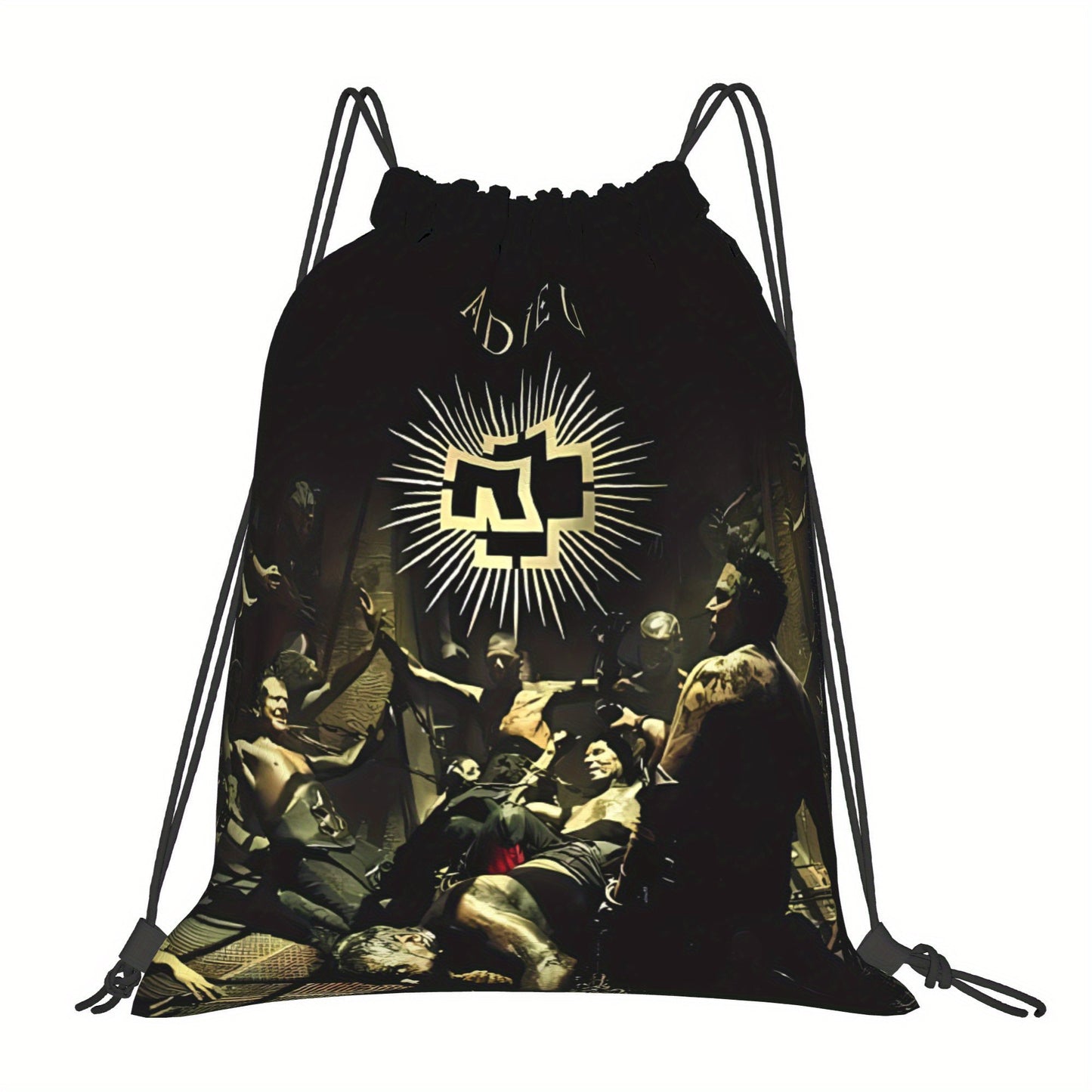 Gothic Skull Drawstring Bag - Durable Polyester Daypack with Multiple Compartments, Machine Washable, Black with Golden Crossed Swords and Bones Design for Gym, Sports & Everyday Us