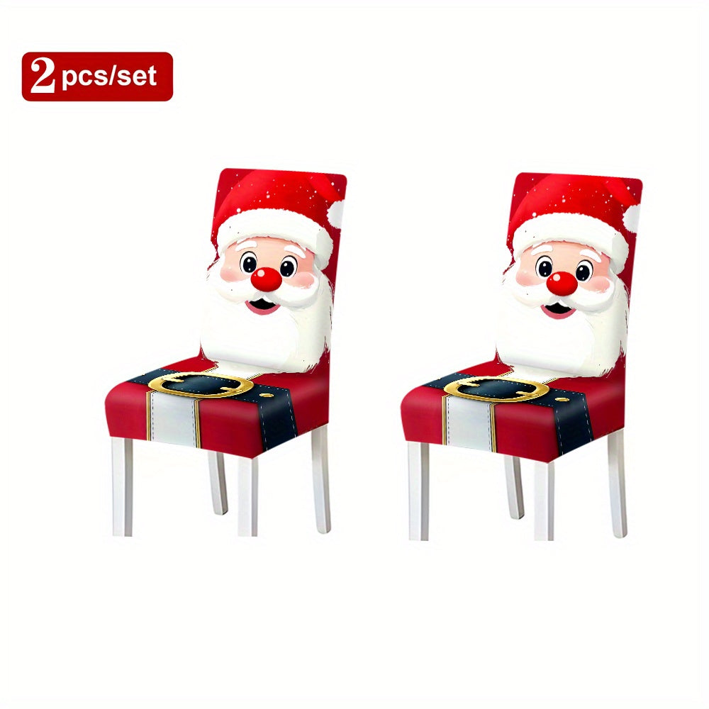 2pcs/4pcs/6pcs Christmas Santa Claus Pattern Printed Elastic Chair Covers, Full Coverage Dining Chair Slipcovers, Holiday Atmosphere Decor, Connected Home Stool Covers