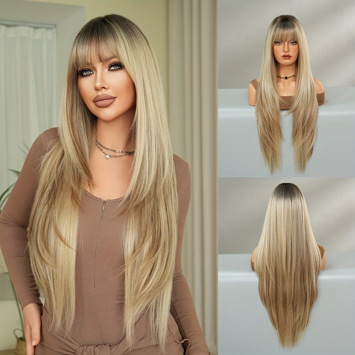 Long Straight Heat-Resistant Synthetic Wig with Dark Brown Roots - 150% Density Rose Net Cap, 86.36cm Elegant Party & Daily Use Wig for Women, Natural Look for Everyday & Special Occasions, Versatile Hairpiece, Sleek Hairpiec