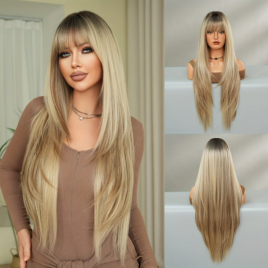 Long Straight Heat-Resistant Synthetic Wig with Dark Brown Roots - 150% Density Rose Net Cap, 86.36cm Elegant Party & Daily Use Wig for Women, Natural Look for Everyday & Special Occasions, Versatile Hairpiece, Sleek Hairpiec