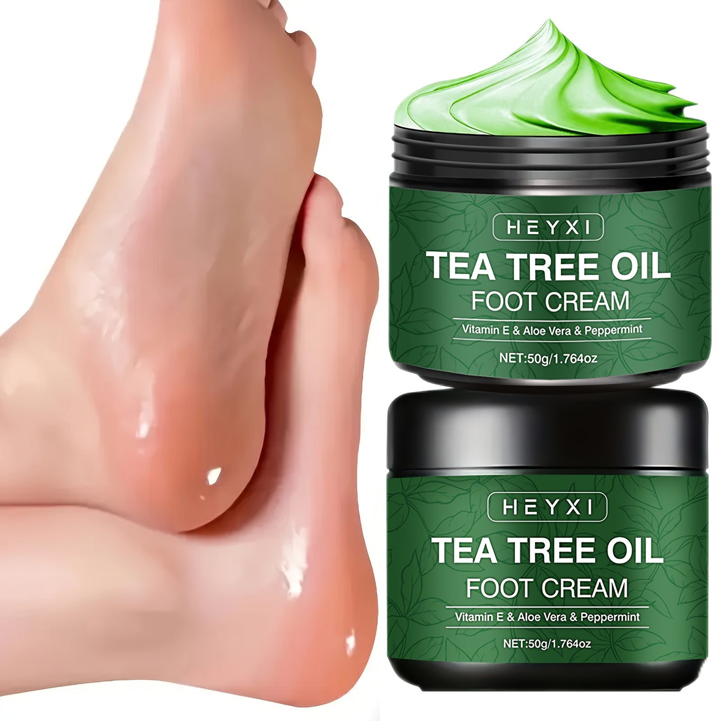 2 PCS Set Tea Tree Oil Foot Cream, Enriched with Vitamin E, Aloe Vera, and Mint, Effectively Moisturizes Dry, Rough, and Cracked Skin, with a Long-lasting Fresh Fragrance. Foot Care Formula Contains Plant-derived Squalane