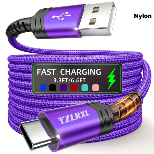 [Hot new product] Tzlrxl USB-C nylon braided fast charging cable, compatible with for Samsung, OnePlus, Xiaomi, and other devices. Supports data transfer and charging, matte finish. Available in 3.3 ft and 6.6 ft lengths