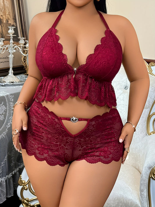 XL-7XL For Curvy Ladies 2 PCS Set UK Plus Size Front-Closure Lace Panel Sexy Back Three-Ring Buckle Lingerie Set with Heart-Shaped Hollow Pants Big Women Sexy Lingerie Sets