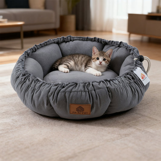 Retractable Round Pet Bed Deployment 45x45x3cm/Storage 28x28x14cm, Designed for Cats and Dogs Under 8kg, Drawstring Controls Usage Range
