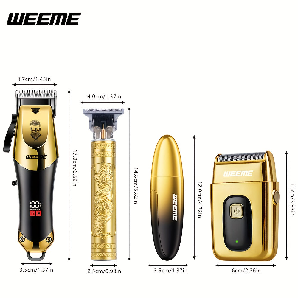 4pcs Men's Golden Electric Hairdresser Set, Household Beard Building Kit. Electric Hair Clipper + Electric Shaver + Electric Nose Hair Trimmer + Fine Trimmer. Used for Home, Car and Travel. Gifts for Fathers, Husbands, Sons,