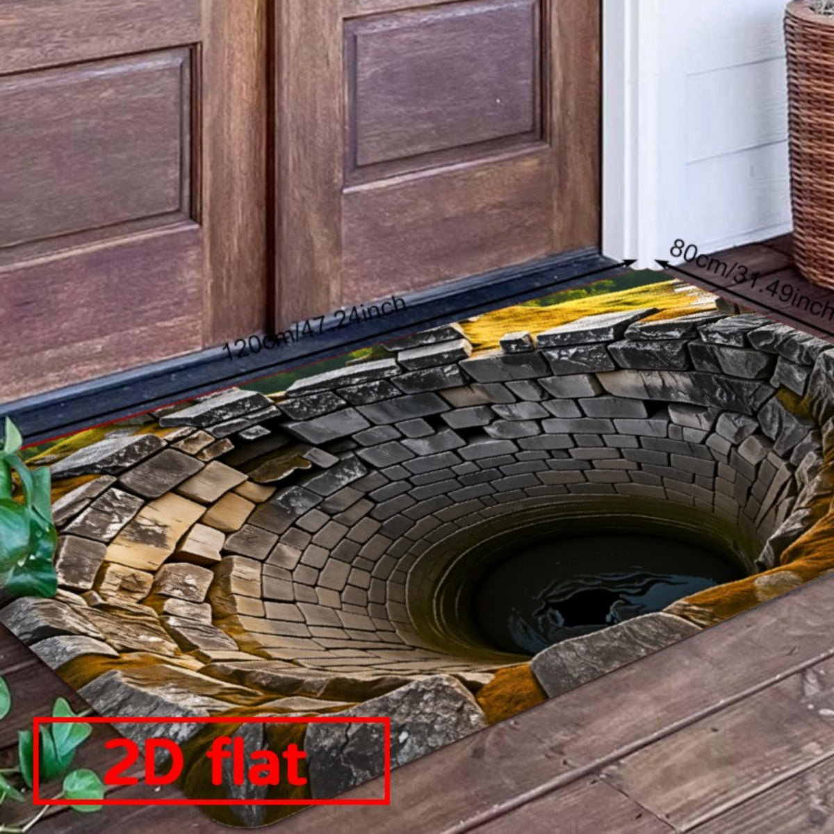 NEW Ancient Stone Door Flannel Mat | Heavy-Duty Floor with Non-Slip Sponge Base, Realistic Cave-In Illusion, Medieval-Look Stone Arch Design, for Indoor/Outdoor Entrance, Kitchen, Bathroom, Balcony (Dry Clean Only)