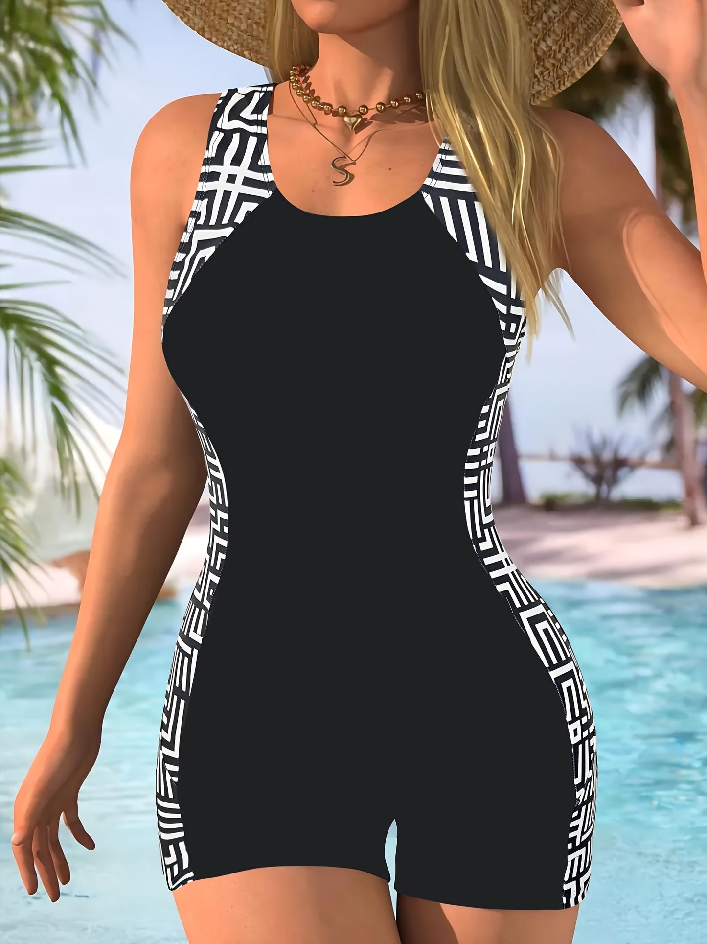S-XL UK (8-18) Size  Summer New Hot-Selling Poolside Sports Monokini Swimwear | Crew Neck, High Stretch, Random Print, One-Piece, QVR Women's Competitive Swimsuit