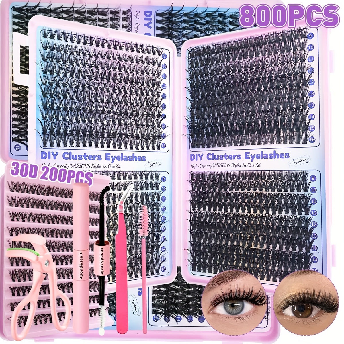 200/800pcs Full Set Eyelash Extensions Kit with Glue, Tweezers, Lash Brush & Curler - Natural & Eye Styles, Multiple Lengths, 0.07mm Thickness, Eyelash Extensions for Women, Eyelash Extensions Supplies, Eyelash Extensions Kit