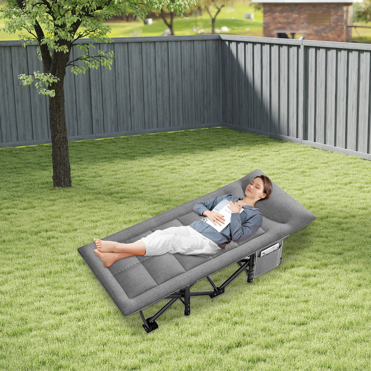 For Beach Camping Cot Large Folding Bed Deck Chair , Lightweight Guest Bed with Adjustable 6 Positions, Comfortable Mattress And Pillows, Breathable Fabric, Portable Durable, Suitable for Outdoor Use