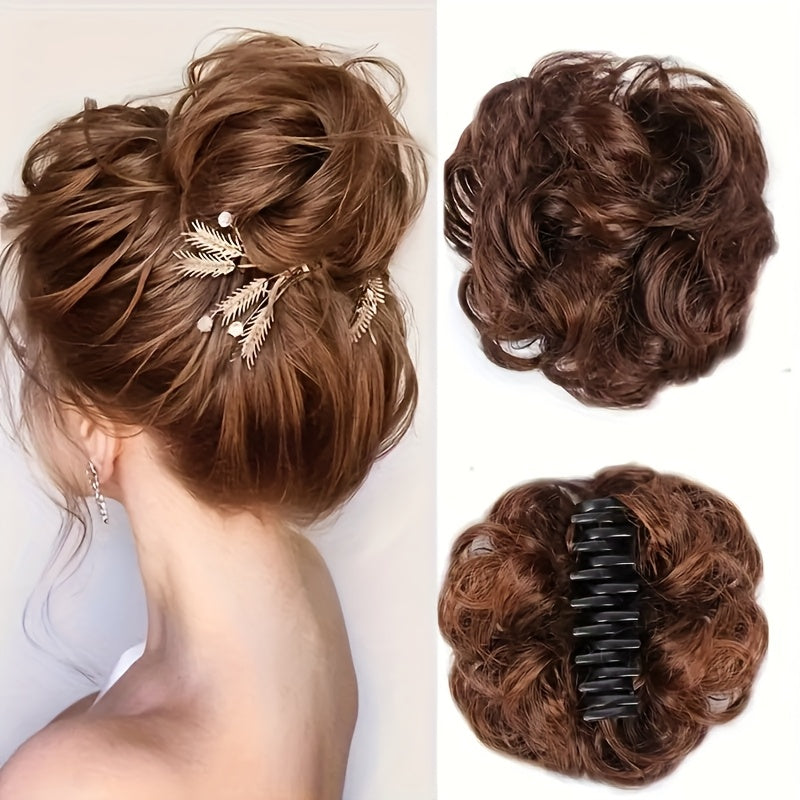 2 PCS Set Elegant Wave Curly Messy Bun Clip with Small Clip-Fluffy Synthetic Headdress - All-Season Hair Accessory for Weddings, Parties, Daily Use - Women's Bridal & Party Hair Styling, Cute Hair Clips, Brides