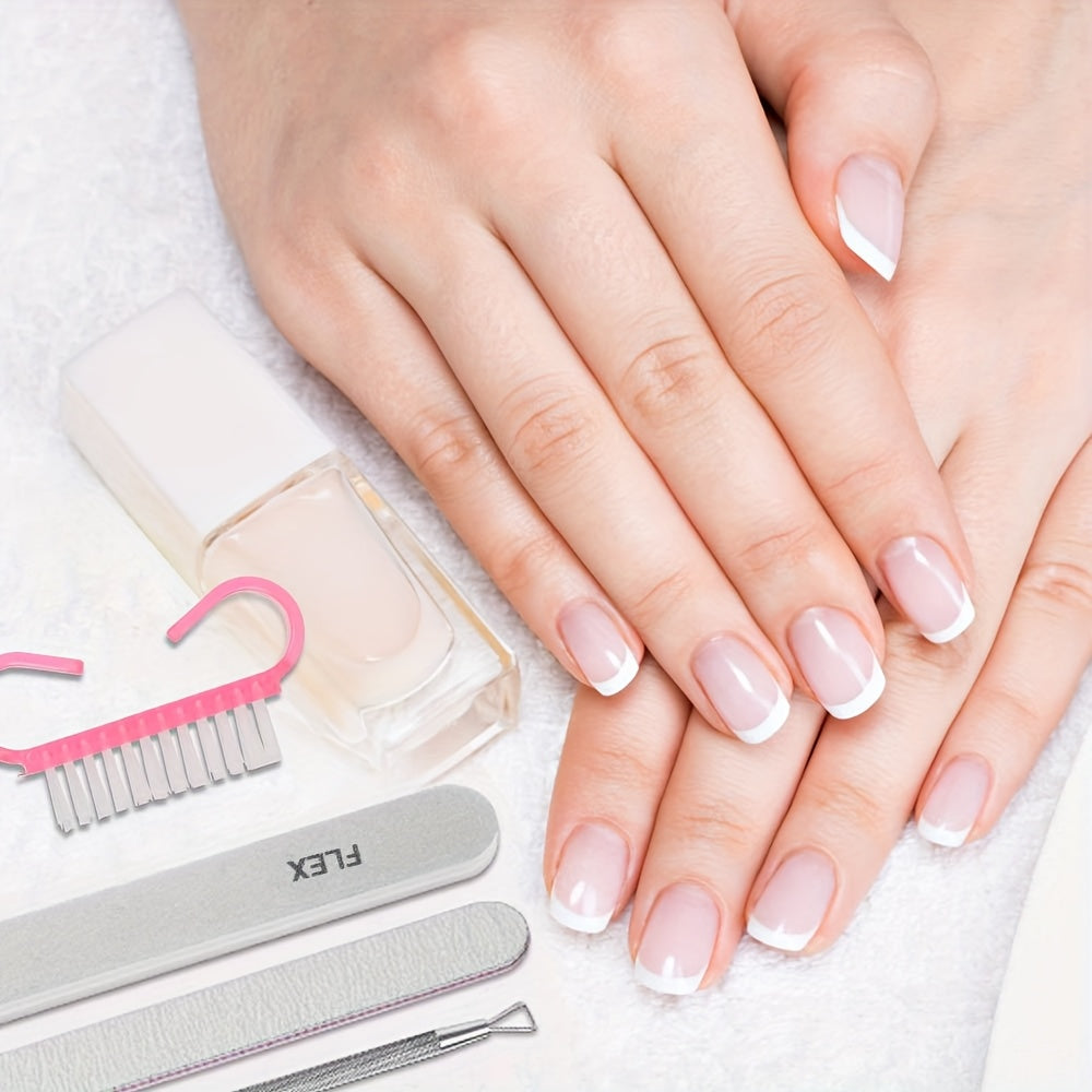 500 PCS Set Acrylic Fake Nails Set, Natural Color with Nail Clippers, File, and Polisher Brush for Women, Manicure Salons, and Home DIY Women Nail Care Supplies