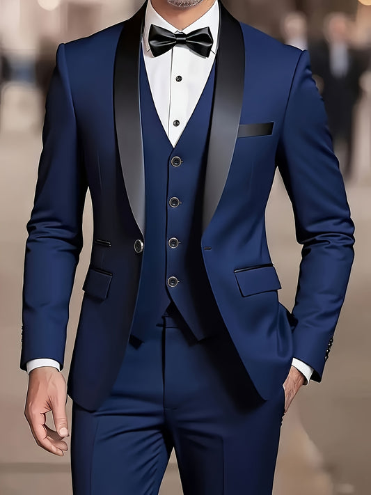 3 PCS Set UK 32-48 Size Men's Slim Fit Shawl Collar Luxury  Suit,  Single-Breasted Solid Color Vest Pants Coat Set, Suitable for Wedding Banquets and Business Dinners Male Formal Apparel Suit
