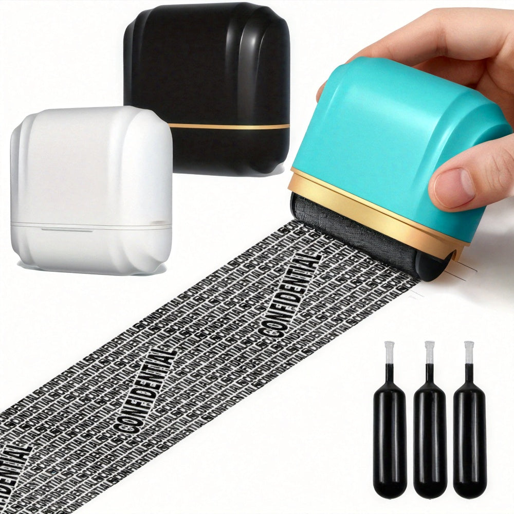 Wide Format Large Privacy Large Size Roller Stamp + 3 Refill Cartridges for Address Blocking and Confidentiality Protection