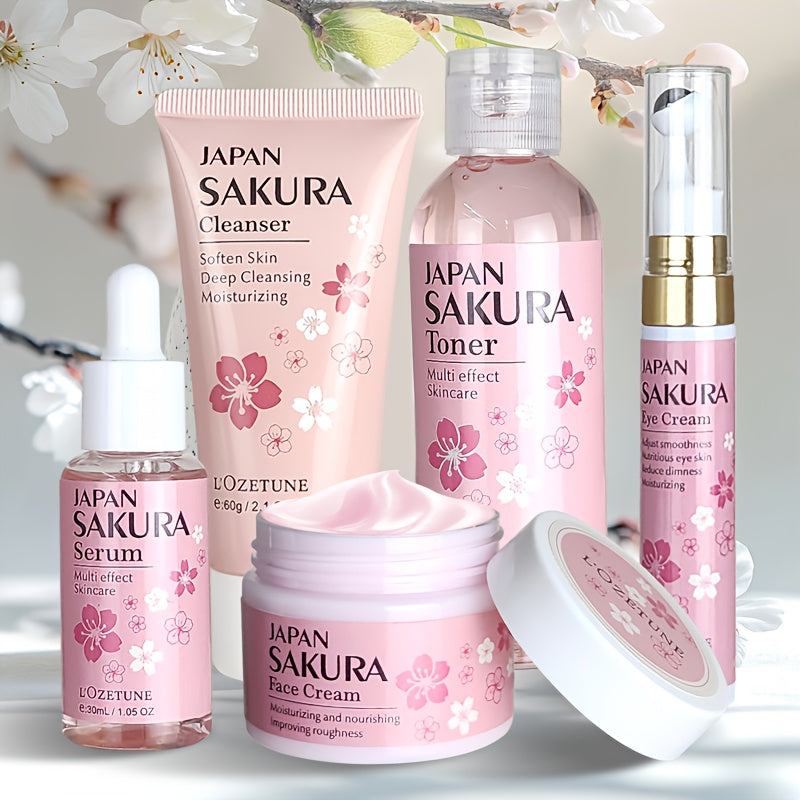 5PCS Set Japanese Sakura Cherry Blossom Skincare Set: moisturizing toner, eye cream, cleanser, face cream, cherry essence. Fits all Light Beige (dry, normal, combination). Great for post-facial hair removal