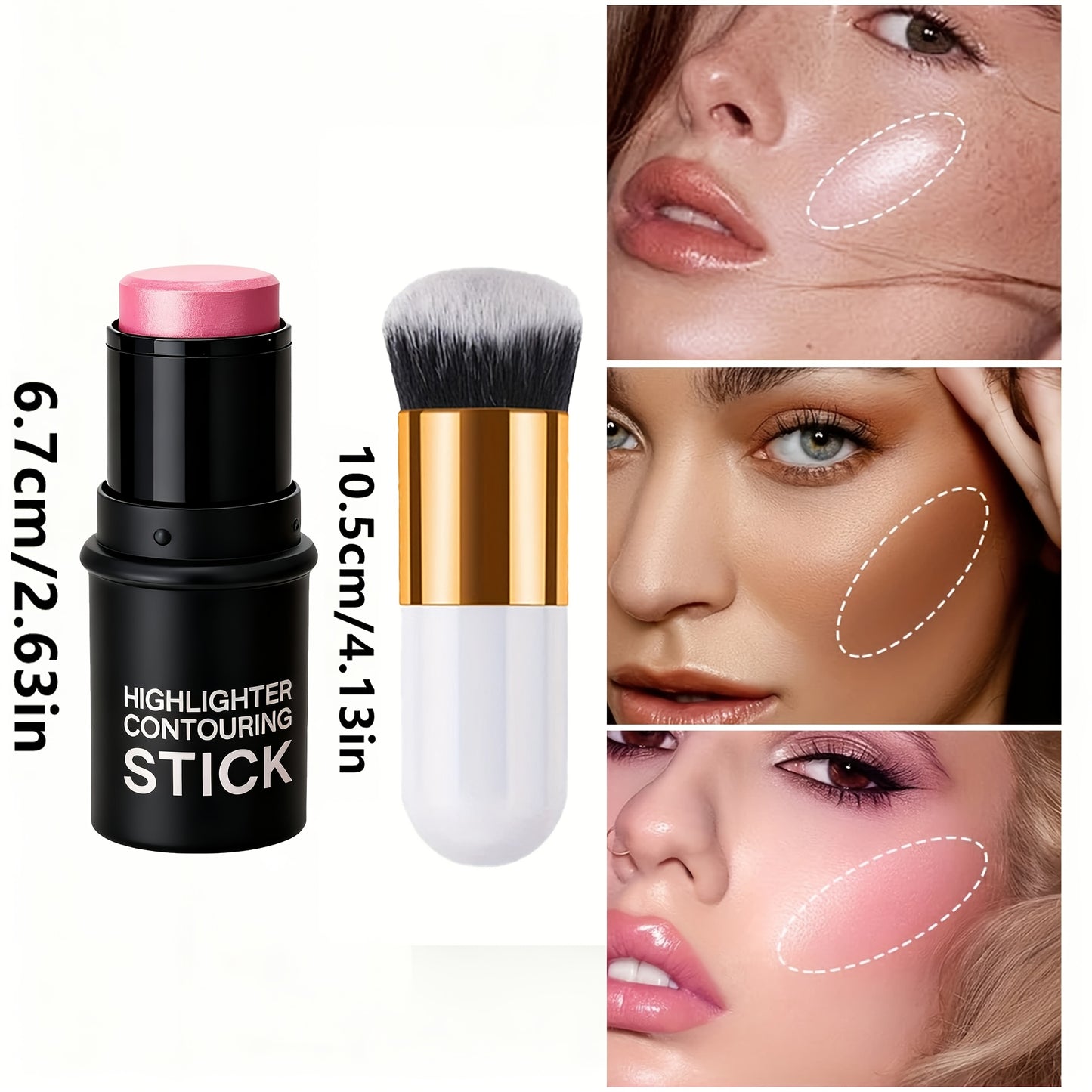 4 PCS Set  Contour Stick with Highlighter, Blush, Bronzer & Golden Powder Brush - Waterproof Cream for All Skin Tones, Buildable Coverage, Sculpting & Highlighting for Face - European Formula