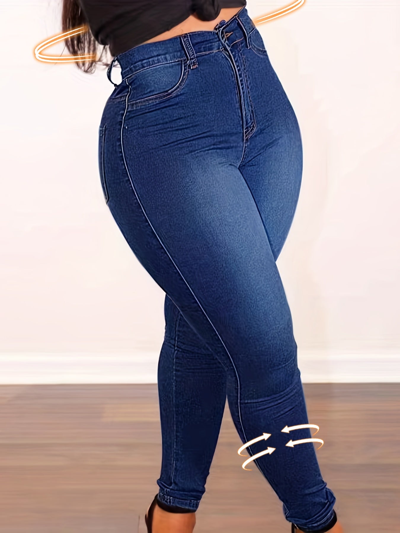 For Big Girls XL-4XL Plus Size Curvy Women's Blue Stretch Denim Long Blue Jean Pants, High-Waist Washed Stretch Jeans with Slant Pockets and Solid Buttons Female Streetwear Casual Clothing Supplies
