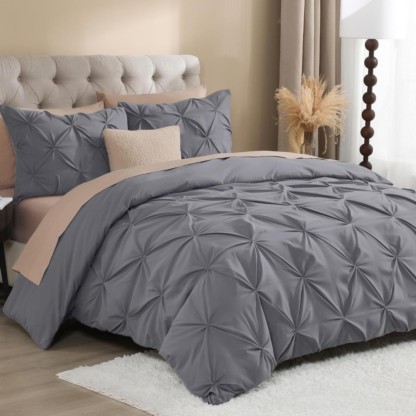 3 PCS Set 5 Colors Charcoal, Pink*Five Star Hotel* Pinch Pleated Luxury High Quality Duvet Cover Set, Soft Pintuck Bedding Sets with Pillowcases
