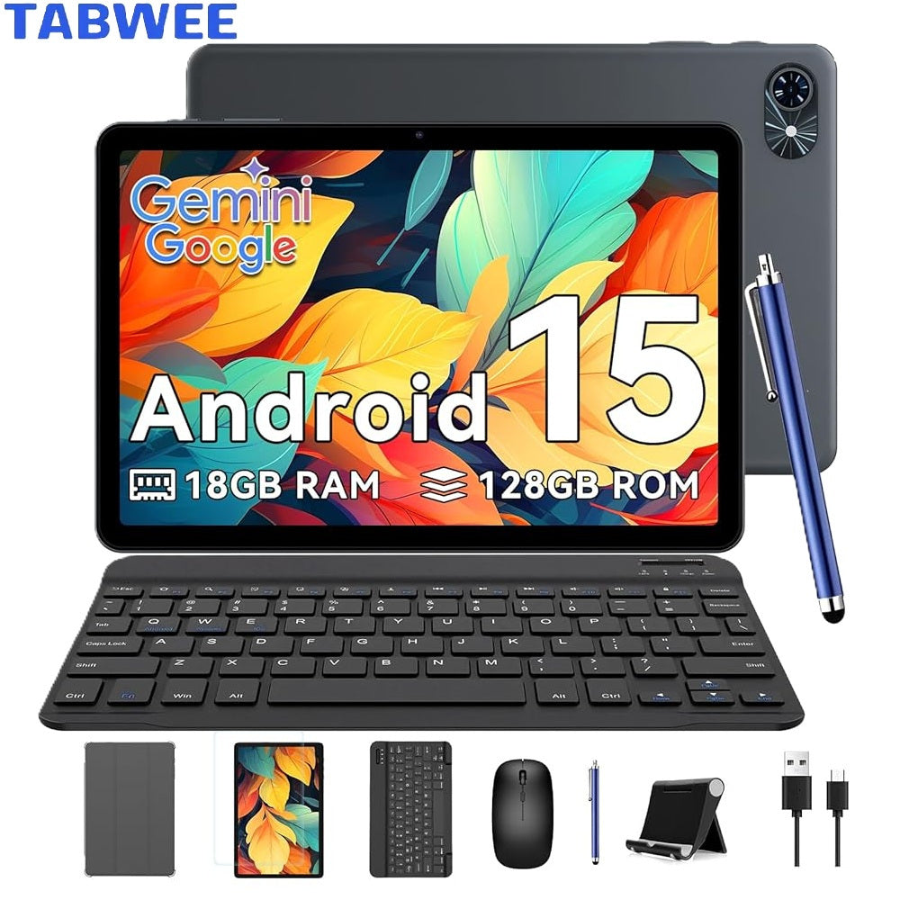 T80 Android 15 Tablet with Keyboard - 18 (6+12) GB RAM + 128GB ROM (2TB TF), 10-Inch Tablet, 6000mAh, 5MP + 2MP, Gemini AI, 5G Wi-Fi, GPS, Face ID
