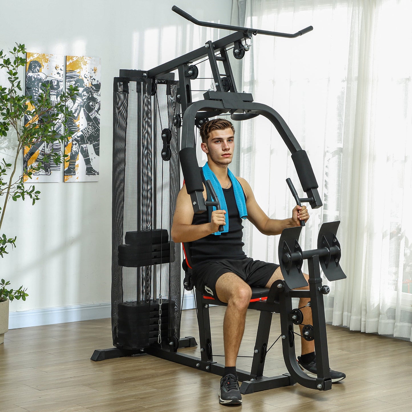 Compact Home Gym System with 45kg Weight Stack, Weights Machine, Multi-Gym Leg Press Machine Dual-Action Chest Station for Full Body Fitness Training Women Men Sports Supplies