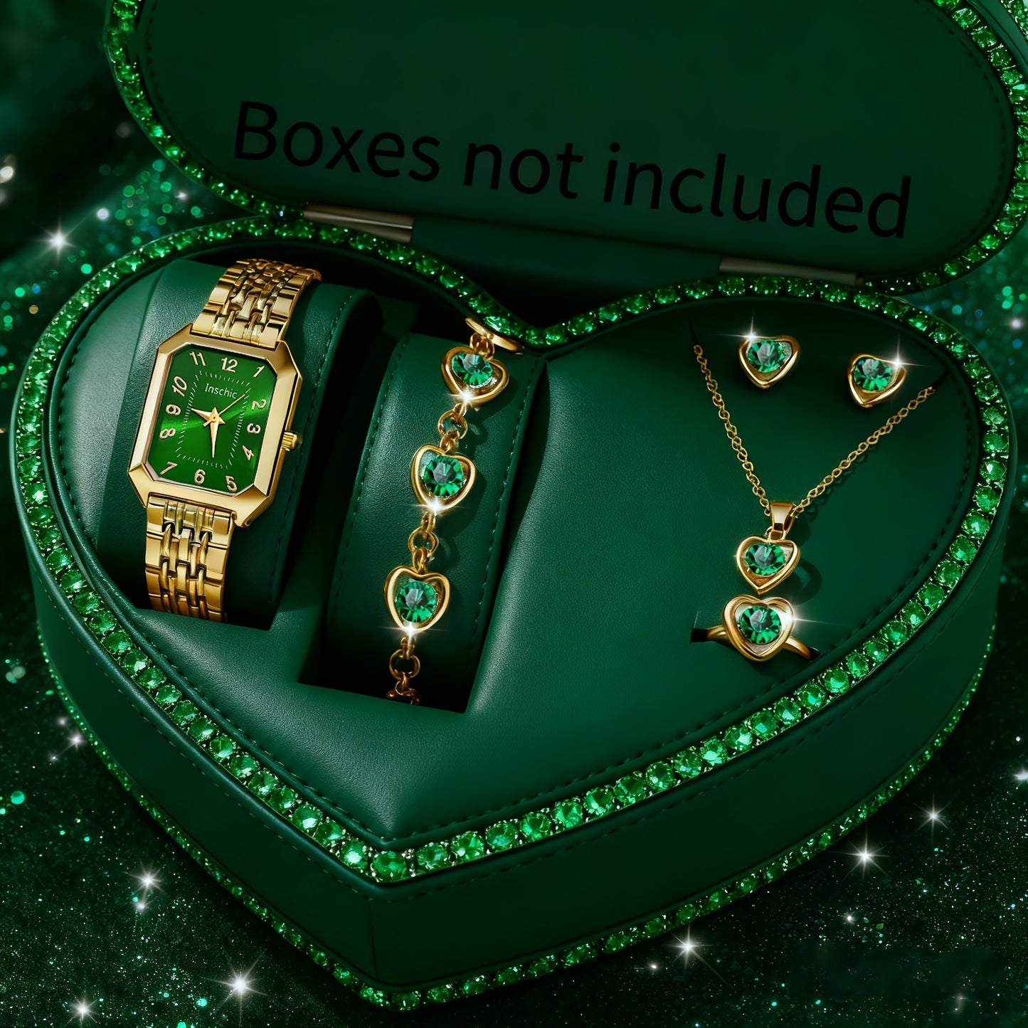 6pcs SHAARMS Women'S Elegant Square Quartz Watch Set with Heart Pendant - Luxury & Golden-Tone Dial, Square Case, Dial & Band, Non-Rechargeable Battery