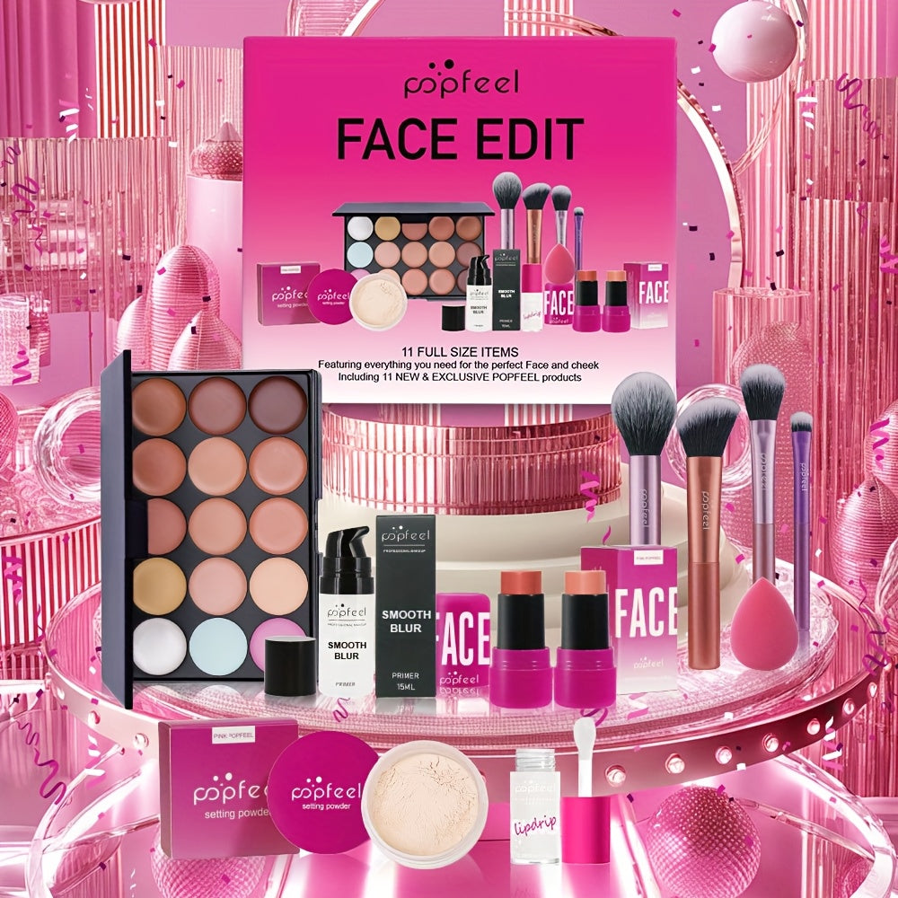 Complete Face Makeup Kit with Face Edit Palette - Waterproof & Sweatproof Long-Lasting Full Coverage, 12-in-1 All-in-One Palette with Primer, Foundation, Concealer, Powder, Blush, Contour, Highlighter, Bronzer, Eyeshadow, Li
