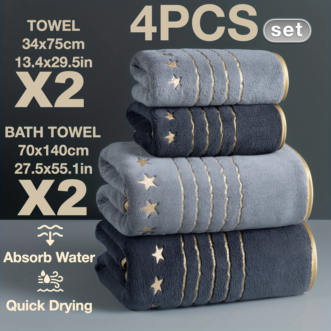 4/6-PCS Set Ultra-Soft Golden Thread Light Luxury Five-Star Embroidered Towel Bath Towel Set, 2 Bath Towels 69.85 X 139.95 cm, 2 Hand Towels 34.04 X 74.93 cm, 2 Washcloths 34.04 X 34.04 cm, Perfect for Home, Hotel, and Spa Us