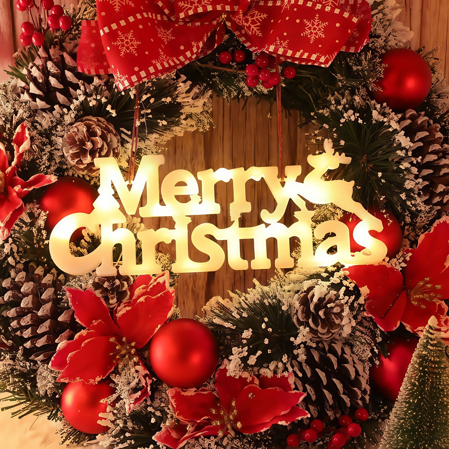 27.48 cm LED Christmas Lighted Garland with Illuminated "Merry Christmas" Letters, Snowflake & Bow Door Hanging Decoration - -in / Holiday Lights (No /Electrician-Free Setup) - Retro Winter Party