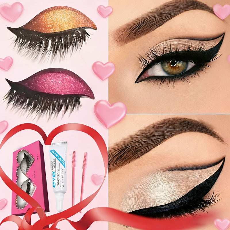 A New Set of Thick, 8 Colors Naturally Curled False Eyelashes with Glitter, Self-Adhesive Eyeliner And Eyeshadow Stickers, Double Eyelid False Lashes, Perfect for Quick Application for Lazy Makeup Routines. It Includes Glue A