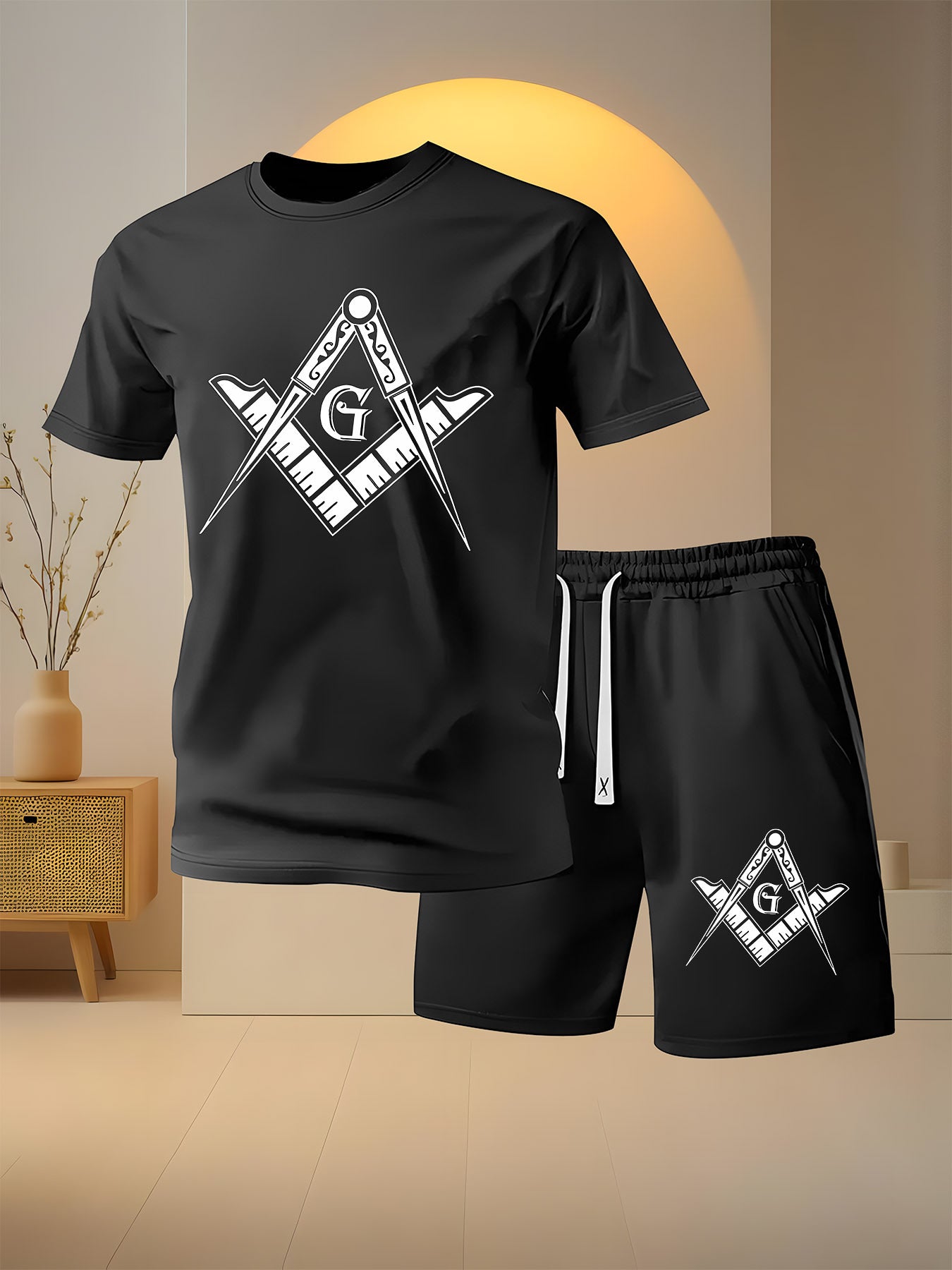 2 PCS Set Freemasonry Logo Print Men's Fashion Casual, Round Neck Short Sleeve T-Shirt and Drawstring Shorts Spring Summer Sportswear Outfit