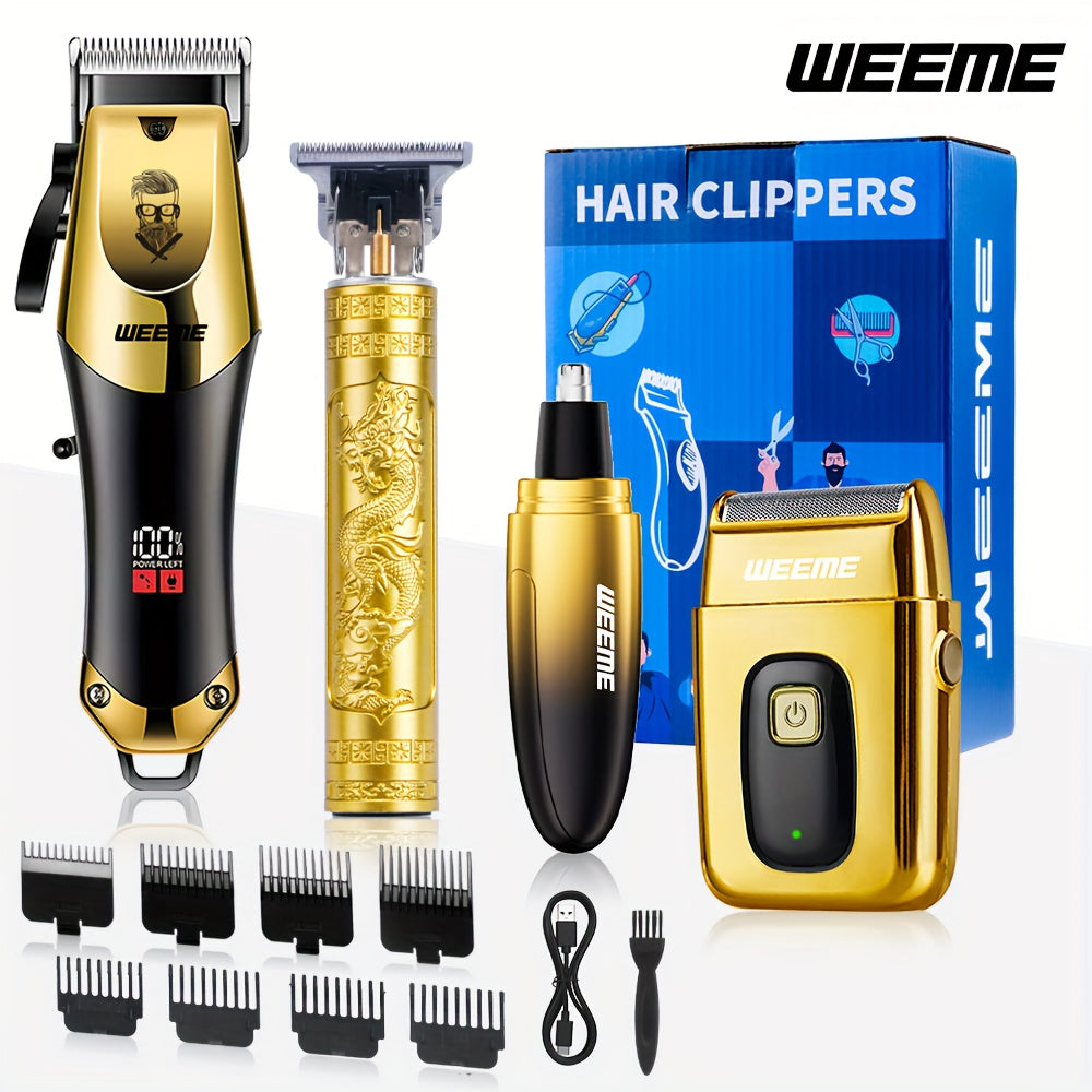 4pcs Men's Golden Electric Hairdresser Set, Household Beard Building Kit. Electric Hair Clipper + Electric Shaver + Electric Nose Hair Trimmer + Fine Trimmer. Used for Home, Car and Travel. Gifts for Fathers, Husbands, Sons,