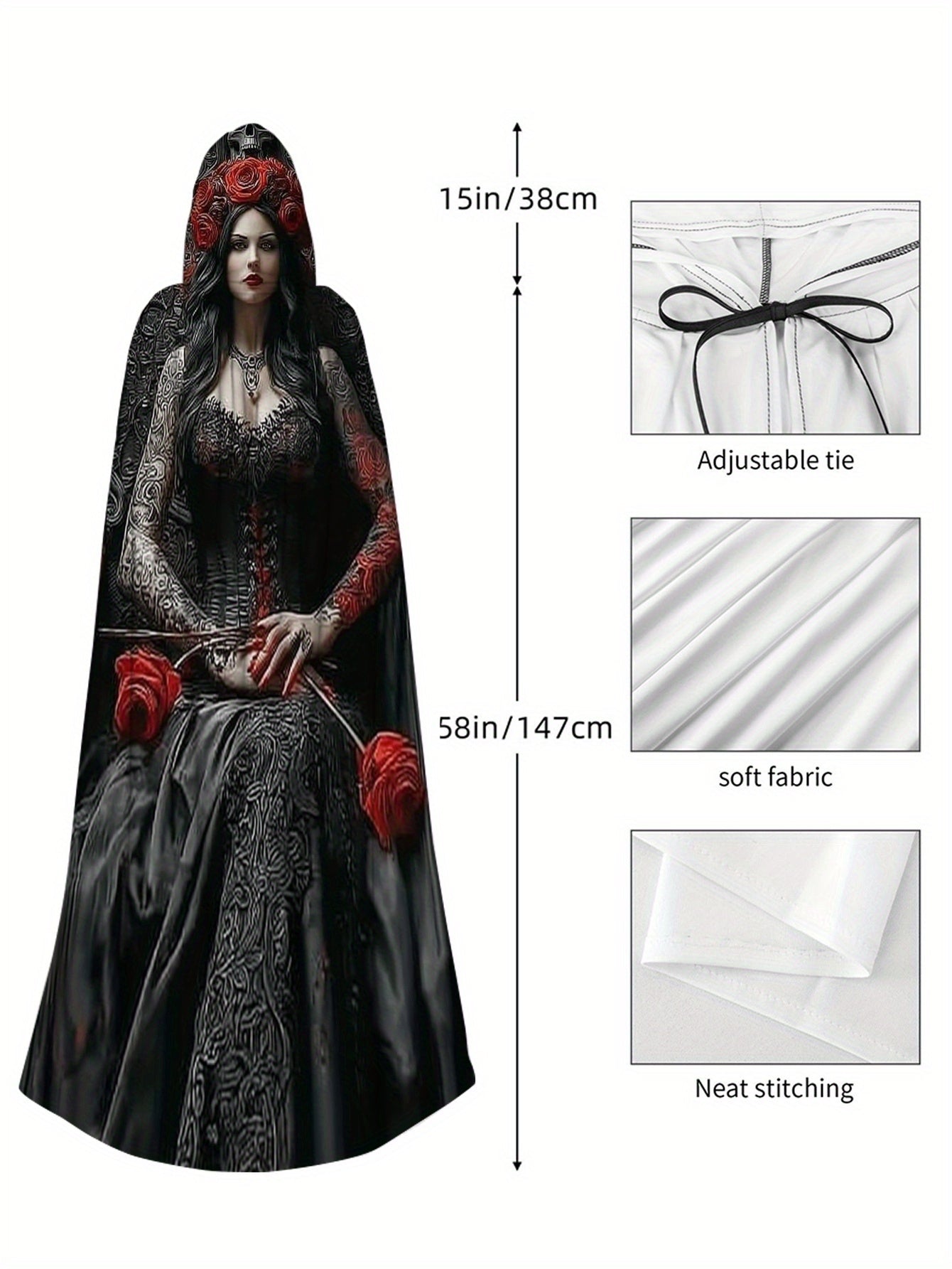 2D Printed Dress-Up Cloak Inspired by Gothic Day of The Dead Queen, Witch-Themed Events, And Festival Party Gifts. for Halloween,  Witchcraft Apparel Clothing Supplies