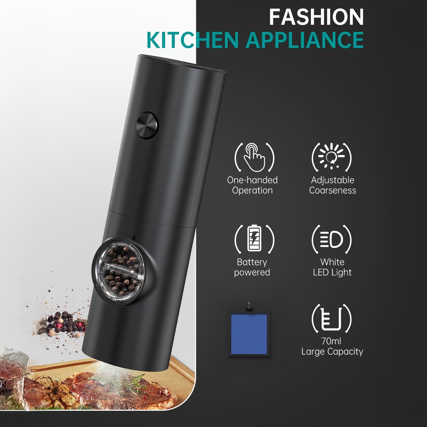 Electric Salt Pepper Grinder, Battery Powered Convenient (Batteries Not Included), Dual-Compartment Design with Base, Practical White LED Light, Coarse and Fine Adjustment, One-Click Operation, Black Durable