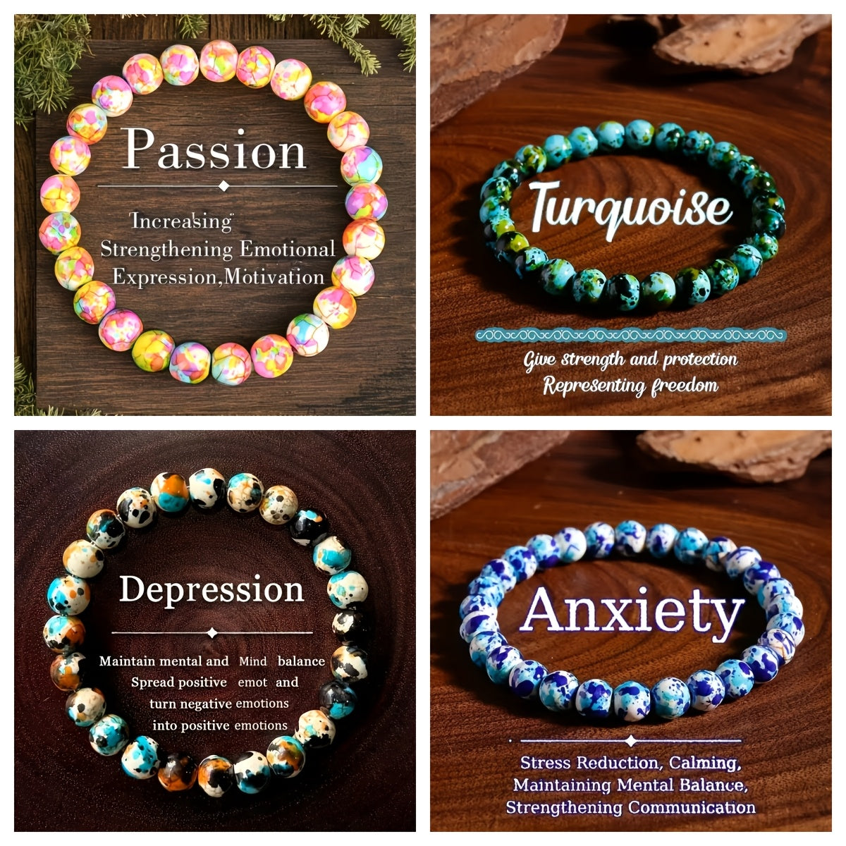 4 PCS Set Depression Bracelet - Turquoise Blue And Black Marble Patterned Beads with Golden Accents, Positive And Spiritual Balance Jewelry, Perfect for Everyday Wear And Christmas Gifts, Durable Natural Design (No Plating) -