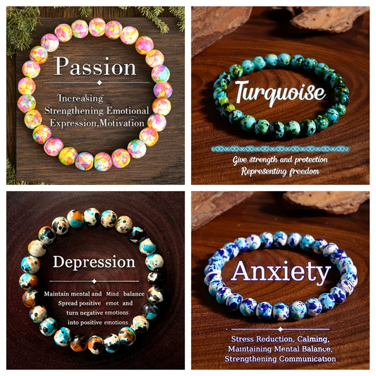 4 PCS Set Depression Bracelet - Turquoise Blue And Black Marble Patterned Beads with Golden Accents, Positive And Spiritual Balance Jewelry, Perfect for Everyday Wear And Christmas Gifts, Durable Natural Design (No Plating) -